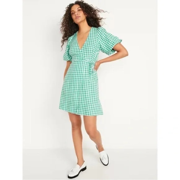 Old Navy Green White Plaid Wrap Mini Dress Puff Sleeves Size M Tall NWOT - Picture 1 of 2